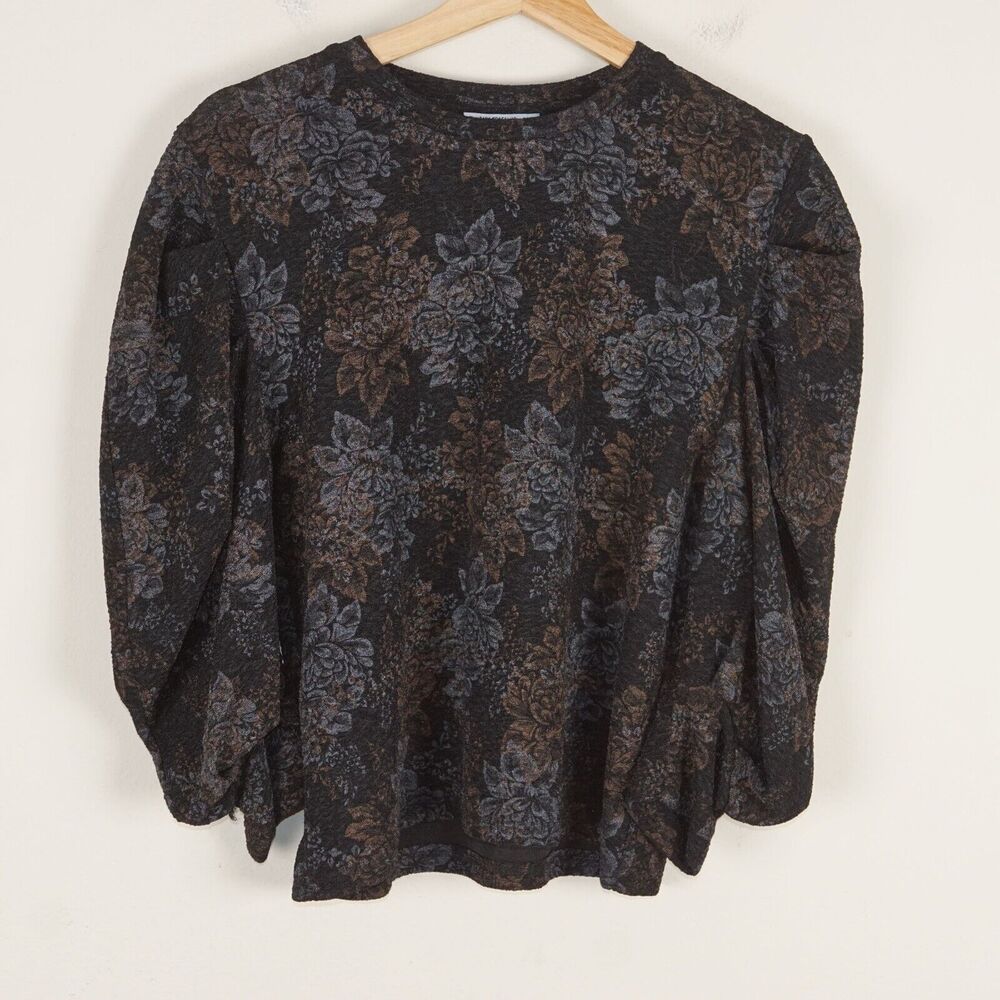 Zara Black Brown Floral Jacquard Pullover Puffy Sleeve Crinkle Top Womens Sz S
